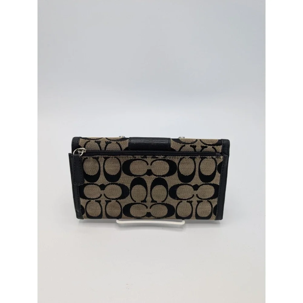 Authentic Coach Ivory & Black Jacquard Slim Tri-Fold Signature Hampton Wallet